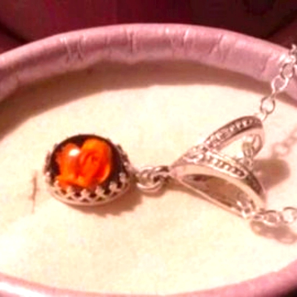 Natural Hand Carved Amber, Diamond accented Sterling Silver Necklace